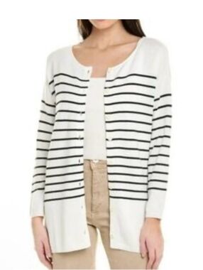 Cabi XS Turnabout Striped Button-Up Cardigan in White and Black